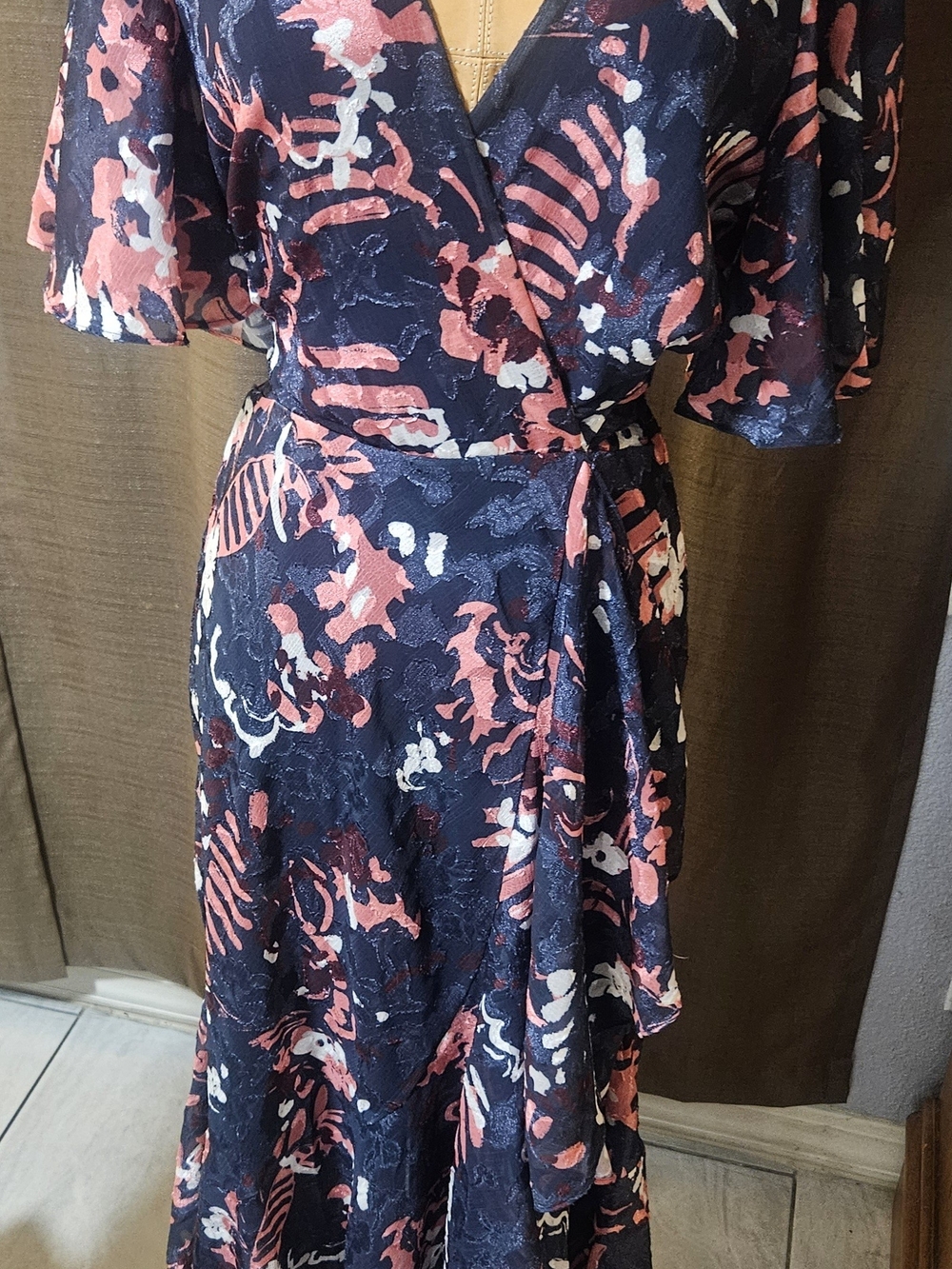 Tanya Taylor Navy Wrap Midi Dress with Coral and White Floral Print